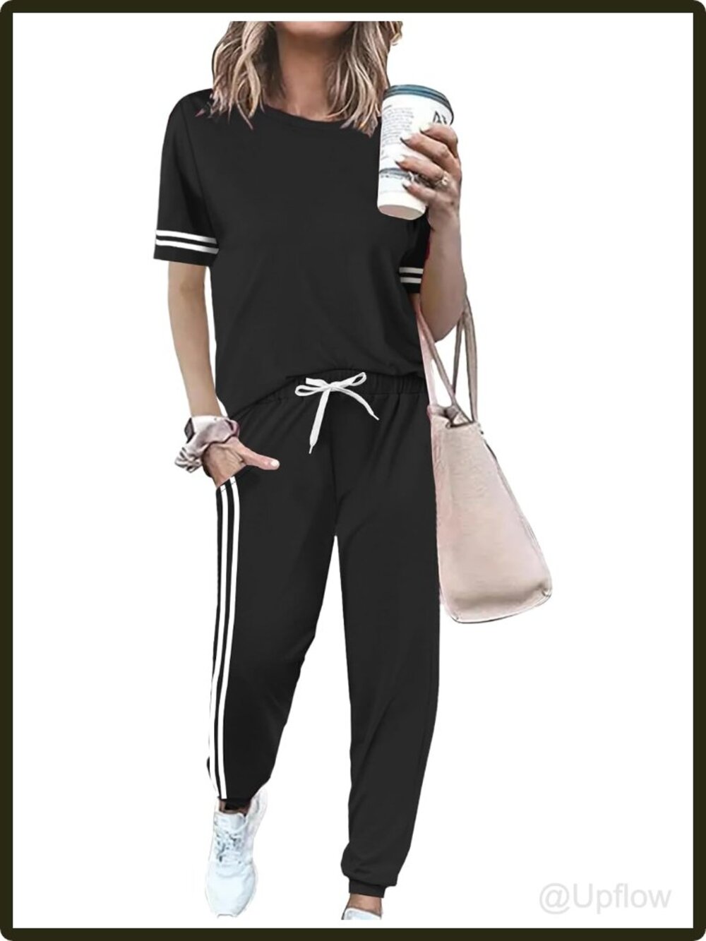 Women's Striped 2 Piece Lounge Set Short Sleeve Pullover Jogger Pants Pockets